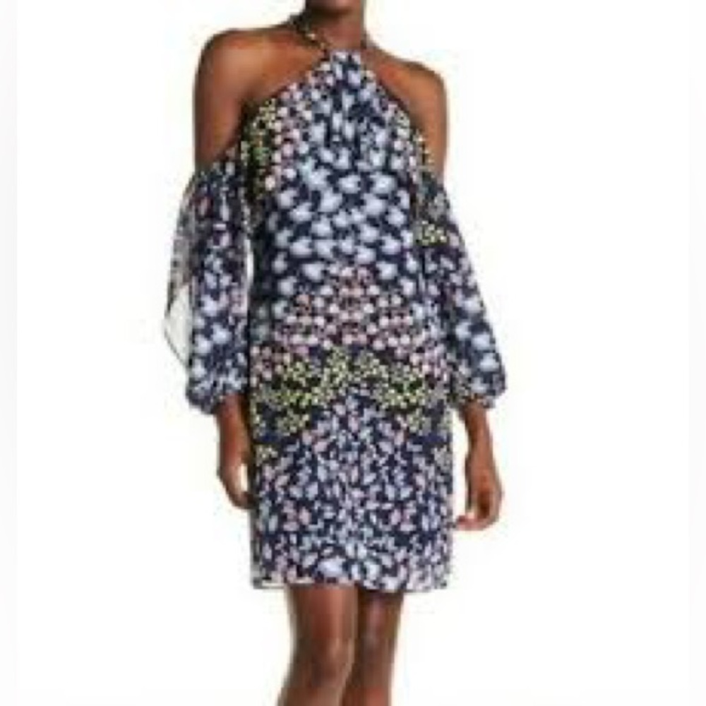 NWT Women's Nanette Lepore Navy Blue Floral Cold Shoulder Dress Size 8